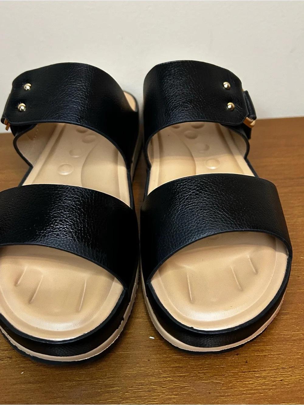 Black Slide Sandals with Gold Ring Accent